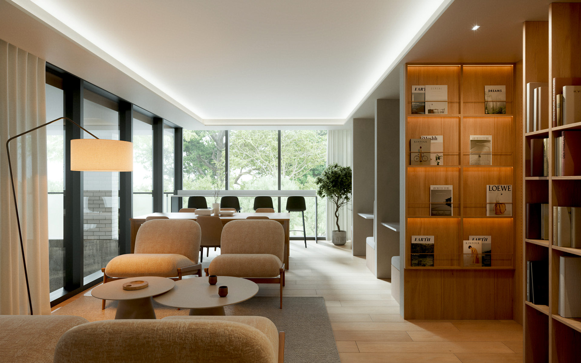 Projet Boisé Boisé, vue du salon accueillant, offrant une fenestration lumineuse